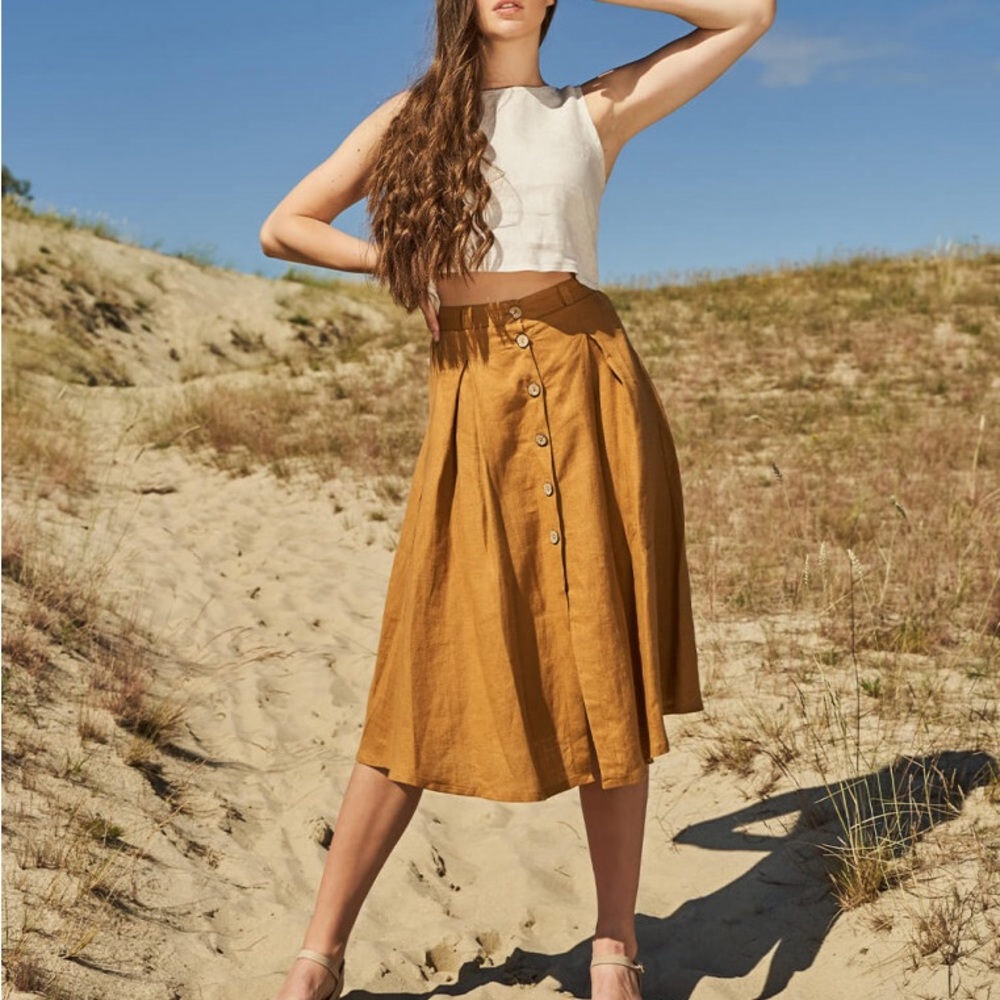 Linen Handmade Studio (Lithuania) Briny Button Front Skirt, Size 6 in Mustard - Picture 3 of 10
